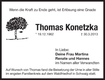 Traueranzeige von Thomas Konetzka von Pegnitz-Zeitung